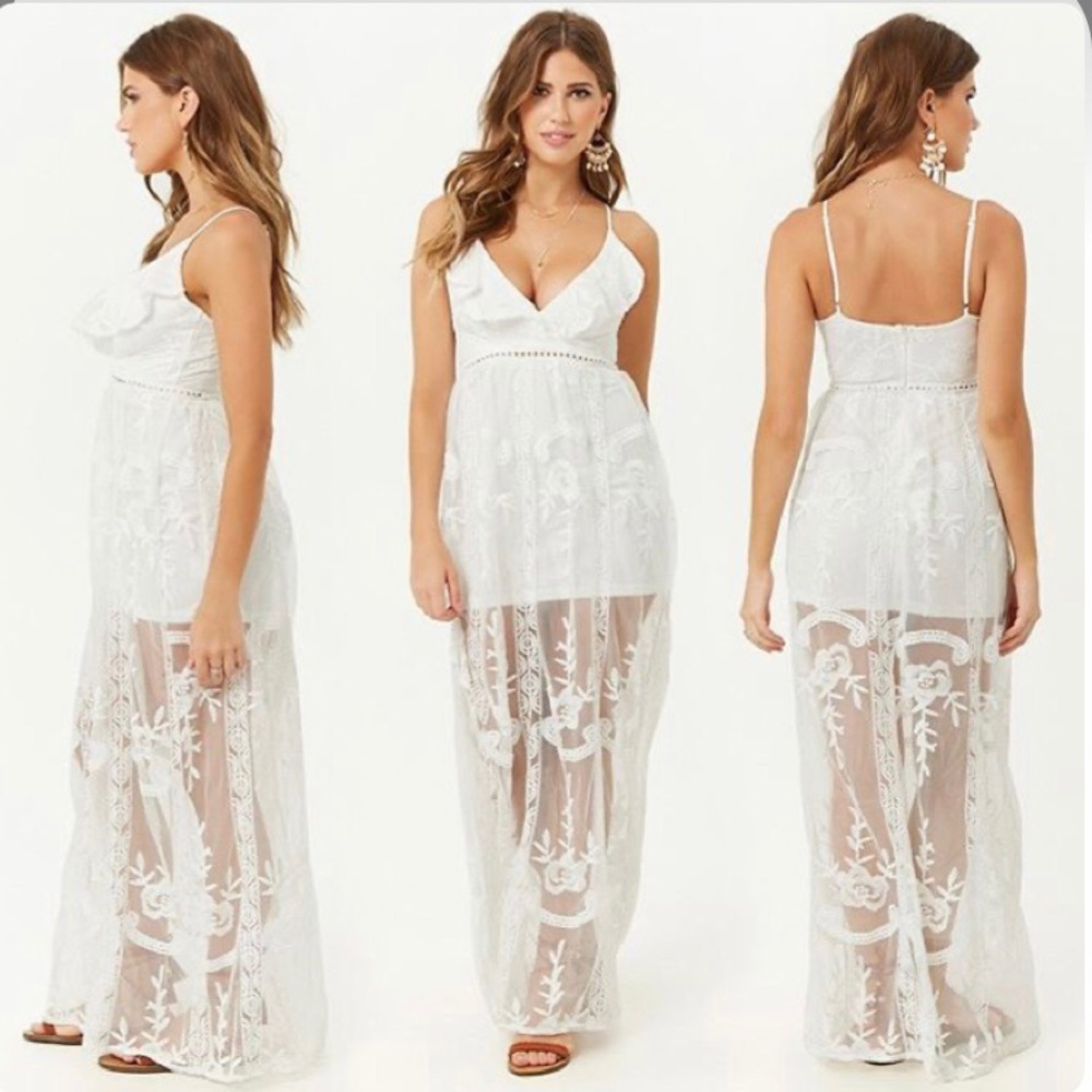 Embroidered white mesh floral lace maxi dress boho